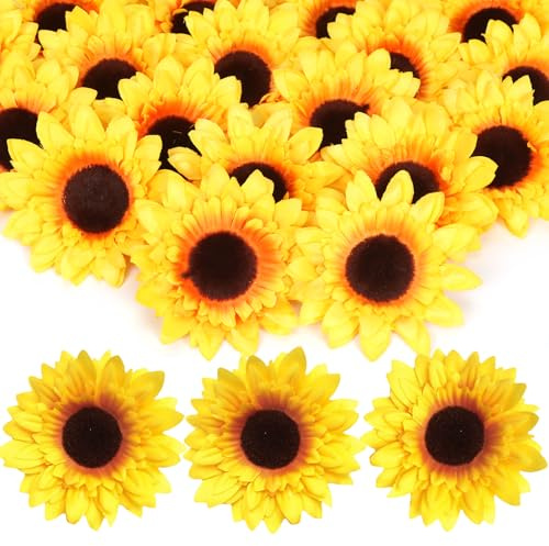 Epokus 24pcs Sonnenblumen Kunstblumen Kopf 9 cm, Künstliche Sonnenblume Blumenköpfe, Sonnenblumen Seidenblumen, Gelb Deko Blüten für Basteln DIY Hochzeit Garten Party Dekoblumen Sunflower