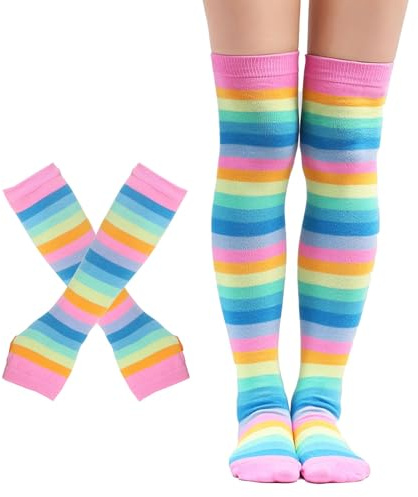 Nujvnuj Regenbogen gestreifte Strümpfe Handschuh Set - Damen Mädchen Karneval Weihnachten Party Party Requisite Set