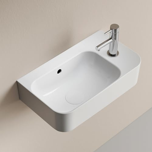 EMKE Lave-Mains 45 cm,455 x 270 x 150 mm,Robinet à Droite, Blanc Brillant | Lavabo Suspendu Rectangulaire en Céramique, Vasque Murale Confort pour Petite Salle de Bain et WC(Sans Robinet ni Bonde)