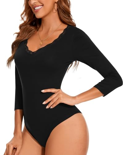 WOWENY Body 3/4 Arm Damen Elegant Spitzenbody Shirt Dreiviertelarm Oberteil mit Spitze V Ausschnitt Tshirt Bodysuit Leotard(Schwarz, M)