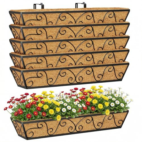 HFHOME 6 cajas de flores colgantes de 76,2 cm, maceta grande de metal con coco de coco, kit de jardinería para barandilla, ventana, porche, balcón y vallas al aire libre