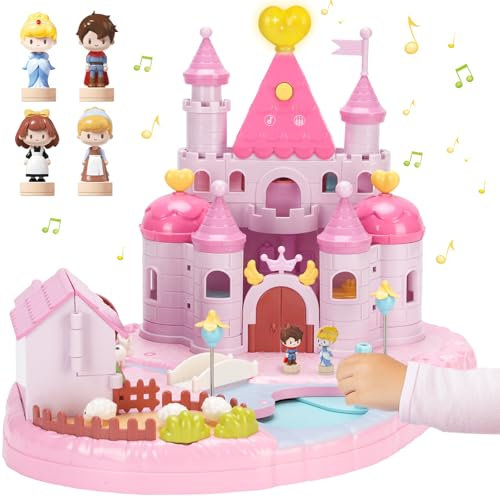 fygurso Maison de poupée Château de Princesse avec 2 Petites Figurines Mobiles à Commande magnétique, Jouet de Villa de rêve avec lumière et Musique pour Jeu de rôle, Cadeau (Rose)