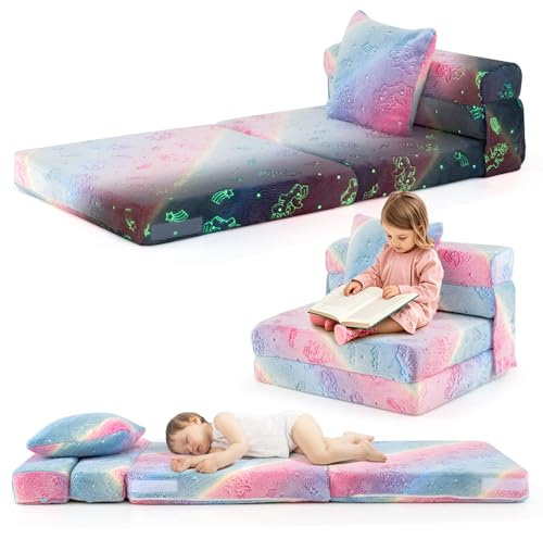 COSTWAY Kindersofa aufklappbar mit Kissen, 4 in 1 Spielsofa im Dunkeln Leuchtend, Kindercouch mit maschinenwaschbarem Bezug, Klappsofa Kindersessel für Kinderzimmer, Spielzimmer