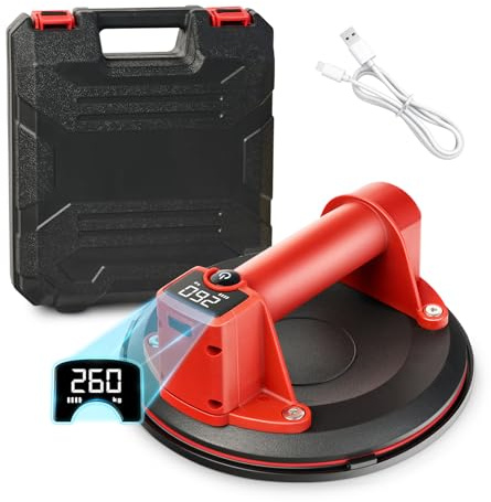 Akku Saugheber 260 kg – Plattenheber vakuum mit 4000 mAh Akku,Auto-Vakuumfunktion, LCD-Display,für Fliesen, Glas, Marmor,runde & ovale Saugfläche,Rot（runde）