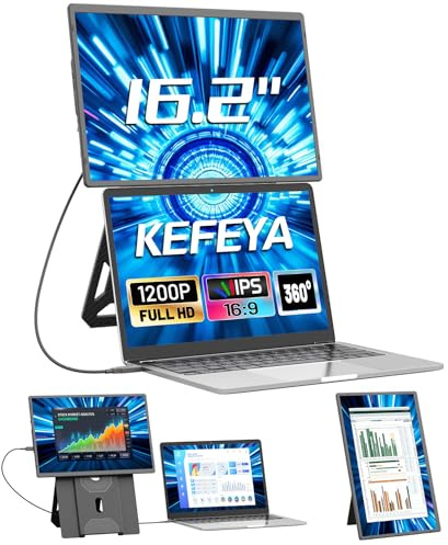 KEFEYA Bärbar skärm, 16 tum FHD 1 200P, dubbel förlängning av bärbar dator, bildskärm med 360° magnetiskt stativ, reseskärm för alla bärbara datorer, plug and play för Windows/Mac/PC/Xbox