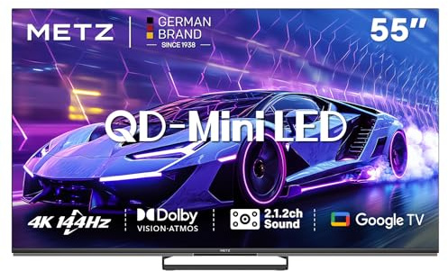 Metz Mini LED Smart TV 55 Pouces (139 cm), QLED, LED 4K 144Hz Television Google Tele Local Dimming HDR 10 Dolby Vision Dolby Atmos VRR MEMC Mode Gaming Sport Tuner DVB-T/T2/C/S/S2 CI+ (MNE8000Z)