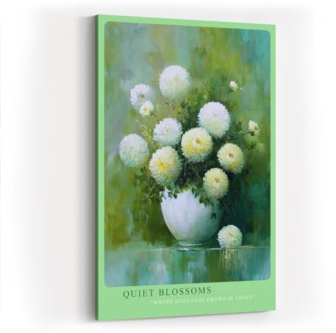 Paul Sinus Wandbild in 60x90cm Quiet Blossoms zartes Stillleben mit weißen Chrysanthemen in weißer Vase vor grünem Hintergrund