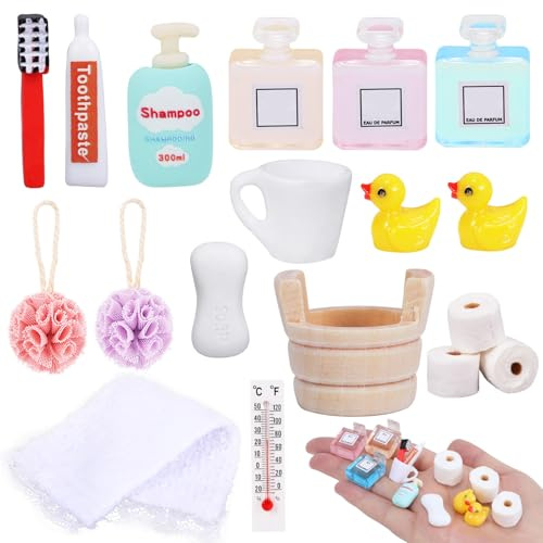 Set di Mini Articoli da Toilette, Mini Accessori da Bagno per Casa delle Bambole, Mobili da Bagno in Miniatura, Mini Accessori da Toilette, Accessori Casa Delle Bambole per Bambini (Colore-A)
