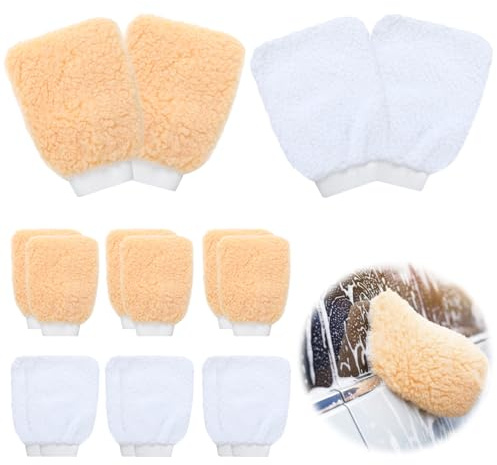 Acellegic 6 Pack Wool Car Wash Mitt, 9 x 6.3 Lambswool Wash Mitt Soft Imitation Professional Wool Cleaning Gloves for Car Detailing House Dusting Home Surface Care, Yellow & White