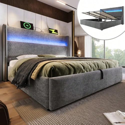 Hydraulisk säng 180 x 200 cm med LED och USB – högt sänggavel i grålinne, med lagringsutrymme – dubbelsäng utan madrass