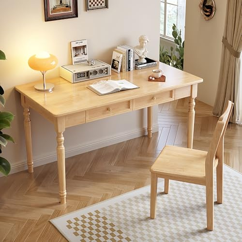 FUKEFUZ Scrittoio in Legno Massello Stile Shabby Chic, Tavolo Consolle con Gambe Tornite e 2 Cassetti, Scrivania Vintage per Camera da Letto e Ingresso, Legno di Hevea(Natural,W/CHR,55.1in)