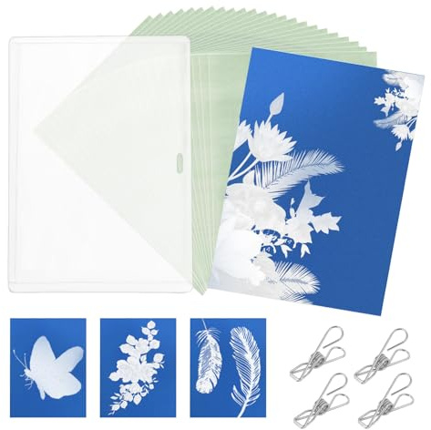 A6 Cianotipo Carta Stampa Solare Kit, 24 Fogli Carta Sole con Pannello Plastica & 4 Clip Metallici Set Stampa Solare Alta Sensibilità per Fai da Te Natura Arte Artigianato Progetti
