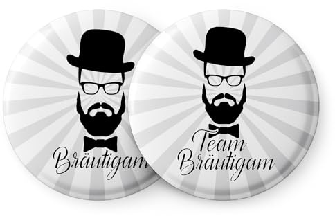 Spielehelden Junggesellenabschied Männer - Stylische Buttons mit Vollbart im 12er Set für euren JGA und Polterabend