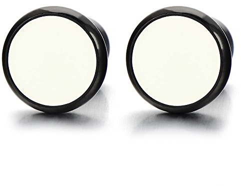 12MM Nero Bianco Cerchio Orecchini Bianco da Uomo Donna, Finto Dilatatore Fake Plug, Acciaio Inossidabile, 1 Paio