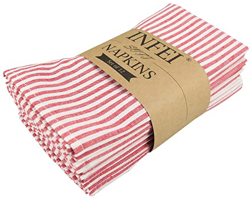 INFEI Plain Striped Cotton Linen Blended Dinner Cloth Napkins - Set of 12 (40 x 30 cm) - for Events & Home Use (Red)