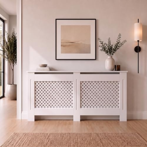 DuraTherm® Radiator Cover White Painted Traditional Cross Slat Shelves MDF Cabinet Shelf for Radiators, Living Rooms, Bedrooms, Extra Large (W: 172cm / H: 81.5cm / D: 19cm)