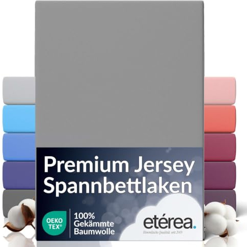 etérea Premium Jersey Påslakan 140x200cm - 160x200 Oekotex Made in Green - 100% kammad bomull, jersey, monterat lakan upp till 25 cm högt - lakan 140x200-160x200 cm Grå