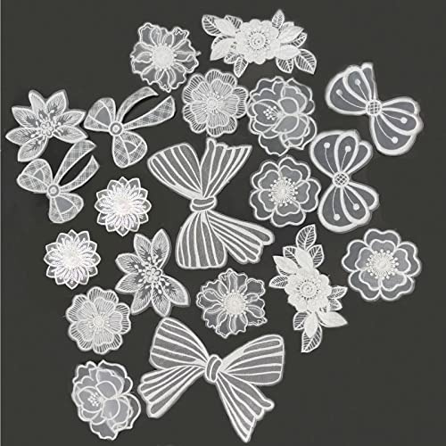 Fayemoon 20 Stücke Weiß Spitze Applique, Spitzenpatches, Spitze Blumen Aufnäher,Stickpatches Organza, Zum Reparieren und Dekorieren von Kleidung, Taschen, Hüten