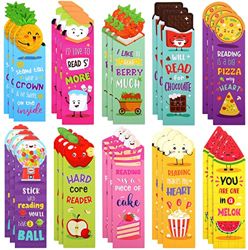 Eersida 30 Pieces Scratch and Sniff Scented Bookmarks Kids Fruit Food Theme Sayings Bookmarks Sayings Assorted Cute Scented Gifts for Students Teens Food Lovers, 10 Styles