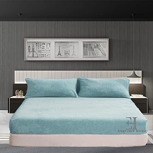 EXQUIZIT HOME® Teddy Fleece Extra Deep Fitted Sheet 30cm – Super Soft Teddy Bear Thermal Fitted Bed Sheet – Warm Cosy Winter Mattress Sheet (Duck Egg Superking – 180cm x 200cm)