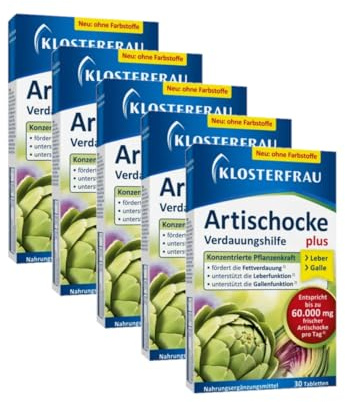 Klosterfrau Artischocke Tabletten | 5 x 30 Stück | plus Löwenzahn + Ingwer | Mit 3-fach Pflanzenkraft für die Verdauung
