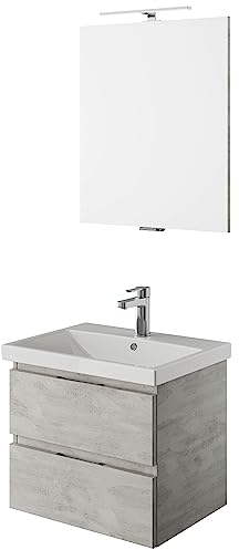 Lomadox Einzelwaschplatz mit beleuchtetem Spiegel in Oxid Hellgrau, B/H/T ca. 60/200/45 cm