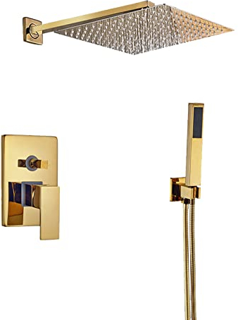 Duschsystem, Messing, Unterputz-Duscharmatur, Wandmontage, goldenes Dusch-Mischbatterie-Set mit Handbrause und Wasserfall-Duschkopf, modernes Design, einfache Installation, 12 Zoll