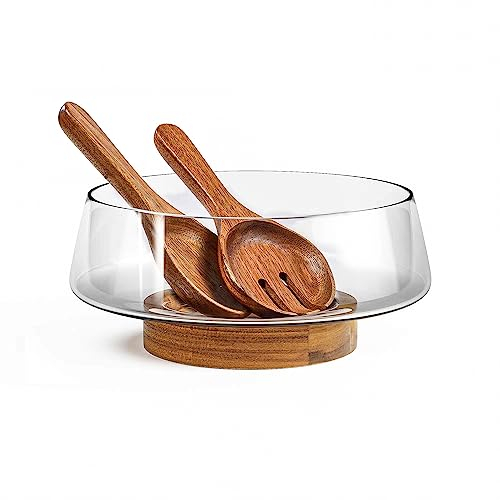 KITEISCAT Juego de cuencos de ensalada de vidrio extra grandes, cuencos de ensalada para fiestas con base de madera de acacia y utensilios para servir ensaladas, elegantes y prácticos imprescindibles