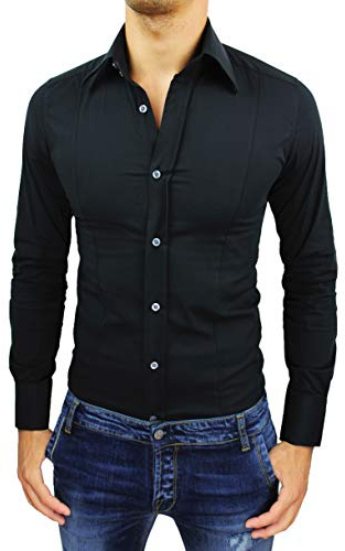 Evoga Camicia Uomo Elegante Casual Slim Fit Elasticizzata Aderente (M, Nero)