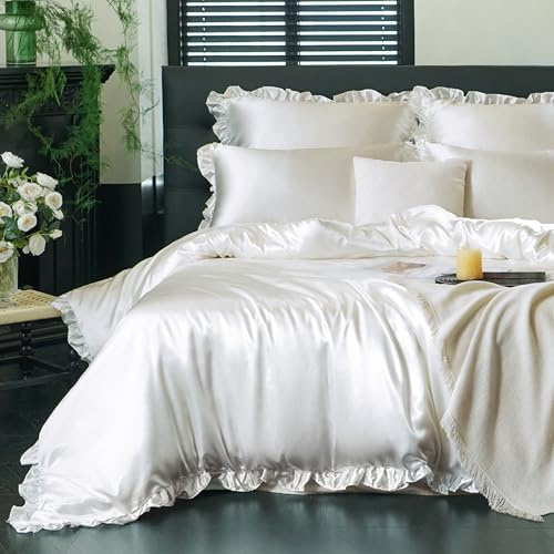 Freyamy Satin Bettwäsche 155x220 cm Glatt Luxus Seide Glanzsatin Bettwäsche Set Weiß Einfarbig Rüschen Romantisch Sommer Bettwäsche Sets 1 Bettbezüge und 1 Kissenbezug 80x80 mit Reißverschlüsse