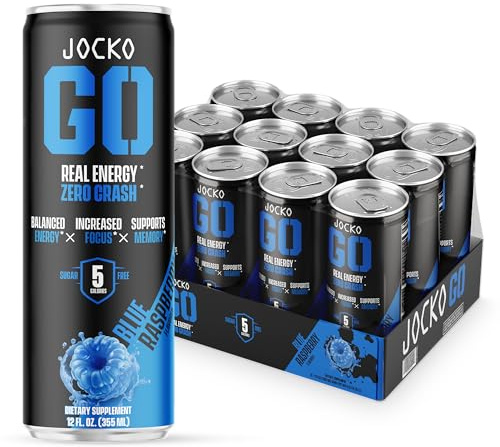 Jocko Fuel Blue Raspberry Energy Drink, 12 Pack, 0 Sugar, 95mg Caffeine, Supports Brain Health