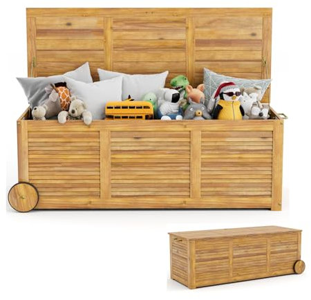 GOPLUS Caja de almacenamiento exterior de 182L rodante, caja de almacenamiento de madera de acacia con 2 ruedas, asa lateral, funda impermeable, para cojines, almohadas, mantas, juguetes, natural