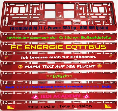 2 Stück Kennzeichenhalter Chrom ROT mit Wunschtext Beschriftung Werbung Spruch Bedruckt
