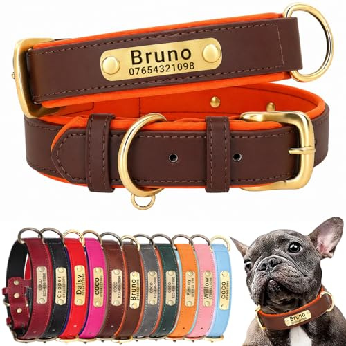 SEOUGEE Hundhalsband i äkta läder, personligt, mjukt vadderat läder, hundkragar, slitstarkt med specialgraverad namnplatta justerbar för små medelstora hundar (L, brun och orange 35–45 cm)