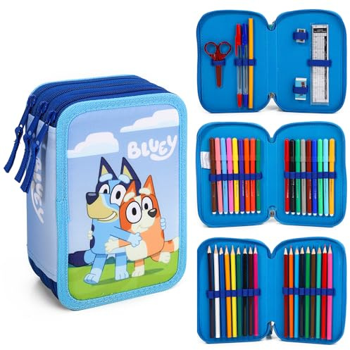 Bluey Estuche grande 3 niveles con múltiples compartimentos y suministros escolares, bolígrafos para colorear y juegos de lápices, multicolor