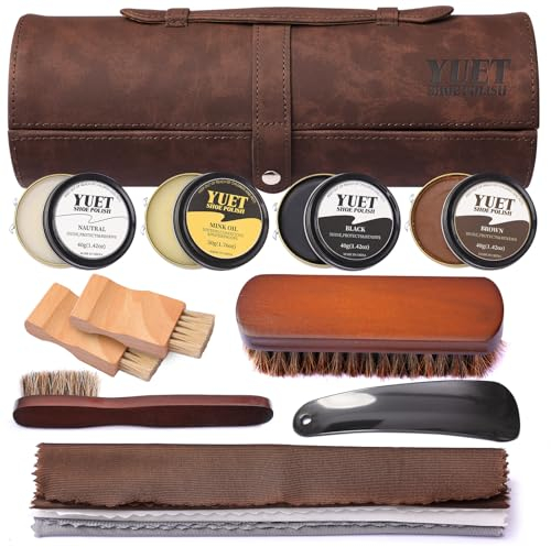 YUET Kit Lucido per Scarpe, Set per la Pulizia della Pelle Marrone Nera con Custodia da Viaggio per Pennelli, Crine di Cavallo Morbido, Applicatore in Legno, Calzascarpe, Panno 13 Pezzi