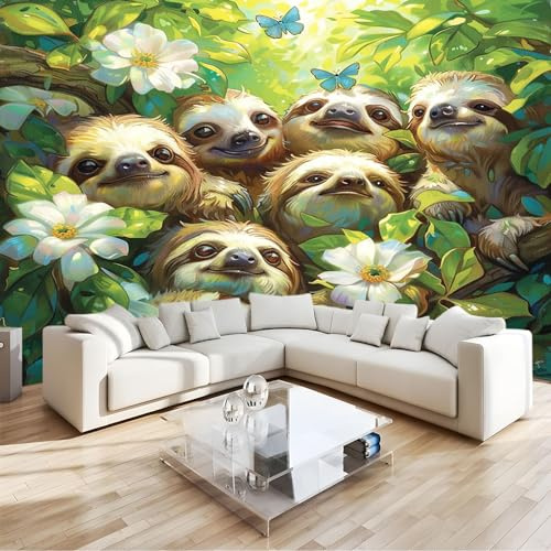 Tapete 3D Effekt Cartoon-Tier-Faultier-Schmetterling Fototapete Wohnzimmer B200 x H140 cm Vlies Tapeten Wandtapete Moderne Wanddeko Wand Dekoration Wohnzimmer Schlafzimmer Büro Flur