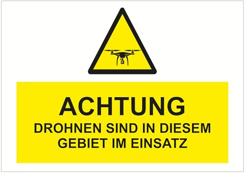 Indigos UG - Schild Achtung Drohnen Einsatz - 594x420 - Hotel, Firma, Schutz, KITA, Arzt, Praxis - Sicherheit - Warnung - Aluverbundplatte 3mm, Wohnung - Hinweisschild - Warnschild