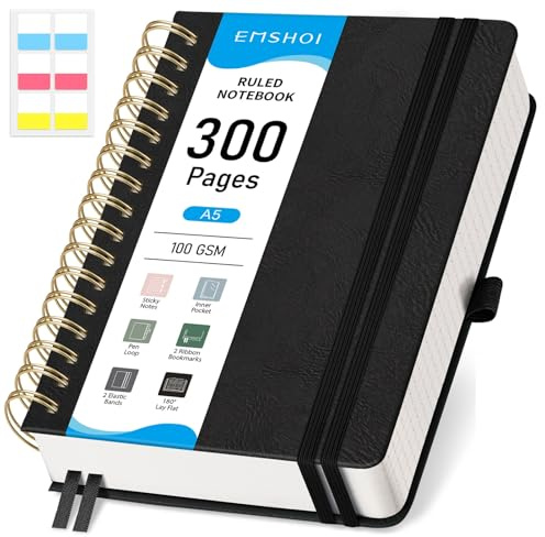 EMSHOI Carnet A5 ligné au format College, bloc-notes à spirale 150 feuilles/300 pages, 100 g/m², couverture rigide, notes autocollantes, poche, anneau porte-stylo, règle, marque-page, journal ligné