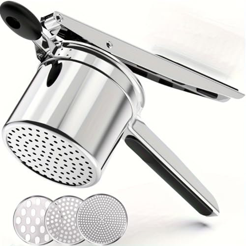 BSDLZCH Hochleistungs-Kartoffelstampfer mit 3 auswechselbaren Schneidplatten, Kartoffelstampfer aus lebensmittelechtem Edelstahl für flauschiges Kartoffelpüree, Gemüse- und Obststampfer (silberfarben)