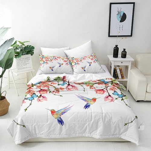 ANHOPE Housse de Couette 140x200 cm avec 1 Taies d'oreiller 65x65 cm Tropical Fleur Oiseaux Papillon Parure de Lit avec Fermeture Éclair Doux Microfibre Literie Toutes Saisons