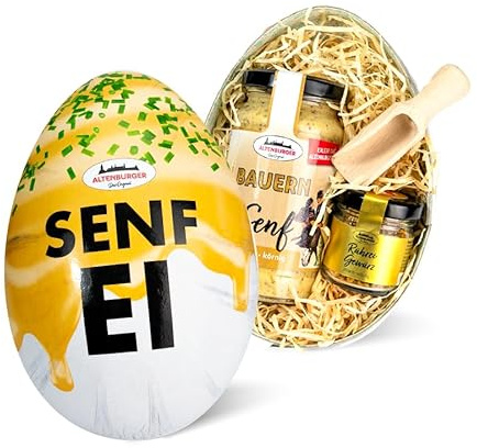 Geschenkset Senfei gefüllt mit Senf, Rühreigewürz, Gewürzschaufel - Als Geschenkidee für Ostern, Weihnachten, Geburtstage und Senf-Fans
