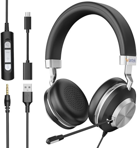 Wantek Casque avec Microphone antibruit,USB/Type-C/3,5 mm Jack Casque PC 3 en 1,Casque USB et câble de contrôle du Volume pour Centre d'appels,Skype,Zoom,Bureau à Domicile,Cours en Ligne