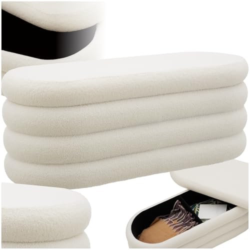 tectake® Sitzbank mit Stauraum, Sitzhocker, Hocker mit Stauraum, Stoff, Pouf, Polsterhocker, Sitztruhe, Truhe mit Deckel, Truhenbank mit Stauraum, Möbel für Wohnzimmer, 110x45x42cm - Bouclé créme-weiß