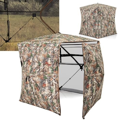 GYMAX 360° durchsichtiges Jagdzelt, Tarnzelt für 2–3 Personen, Jagdversteck mit vollständig zu öffnender Tür & Tragetasche, Jägerzelt, aufklappbares Bodenversteck für die Hirschjagd