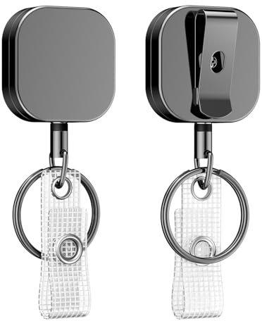 Uniclife Set med 2 kraftiga infällbara märkesrullar i metall för märkeshållare, infällbar nyckelring, helmetallkropp med fjäderspole i rostfritt stål 60 cm nylonrep bältesklämma och