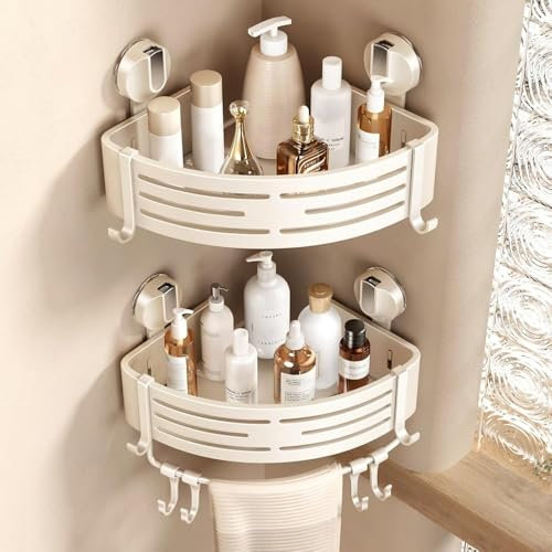 Voldra Corner Shower Caddy Suction Cup, Shower Shelf Coner No Drilling Bathroom Coner Shelves Suction Shower Organiser Rack Adhesive Corner Caddy with Towel Bar Wall Mounted(2-Pack, Beige)
