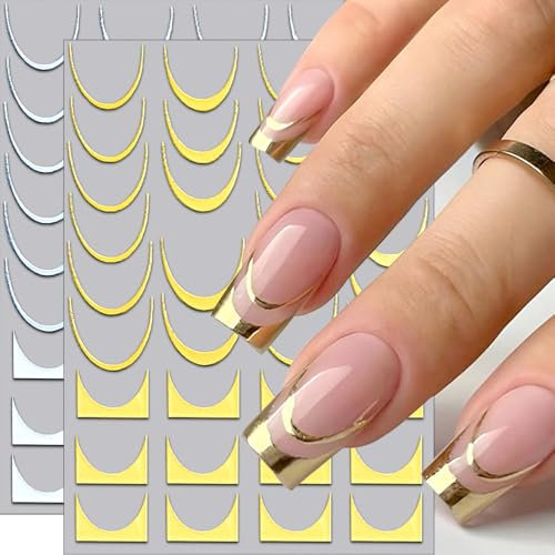 Französische Spitze Nagelsticker Gold Silber French Tip Nail Sticker 3D Streifen Linien Französischer Tip Nagelaufkleber Welle Linie Kurve Französisch Nagel Sticker French Tips Nagel Stickers Nail Art