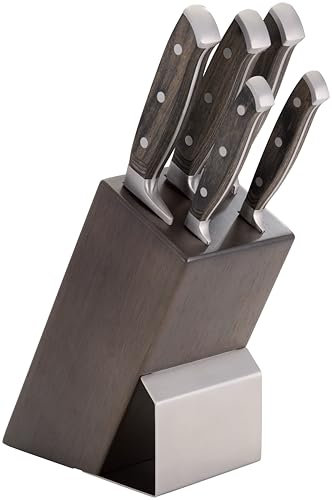 Judge Pro 5-Piece Knife Block Set - with Paring, Utility, Carving, Bread + Cooks Knife - High-Grade Carbon Stainless Steel Blade, Dishwasher Safe, Hard-Wearing Wood Handle, Easy to Sharpen