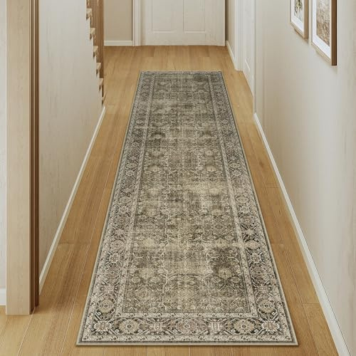 PureCozy Hellbrauner 3x10 Vintage-Teppich für Flur Innenbereich Küche Waschbarer Wohnzimmerteppich Stammes-Design Distressed-Teppich Retro-Akzent Überwurfteppich für Büro Esszimmer Badezimmer